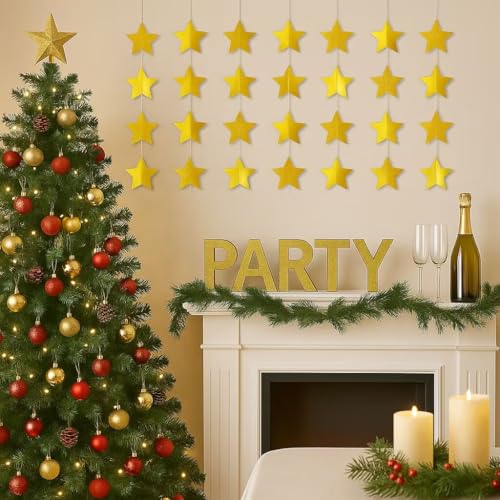 Glitter Gold Star Garland 20 ft x 3 in Stars - 2 Pack Holiday Streamers