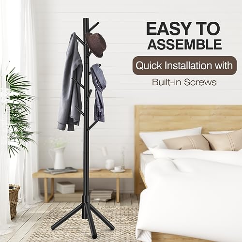 Freestanding Wooden Coat Rack Tree with 8 Hooks & Adjustable Height