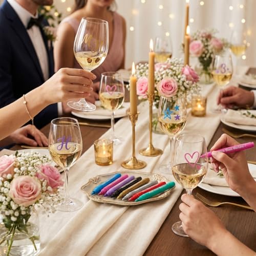 Wine Glass Markers - 8 Metallic Washable Pens for Drinks & Glasses