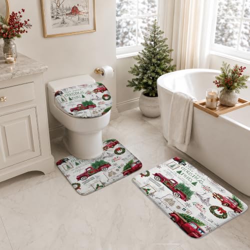 Christmas Red Truck Bathroom Set with Shower Curtain and Rugs - Holiday Decor, 72x72 (Variation: Christmas-6)