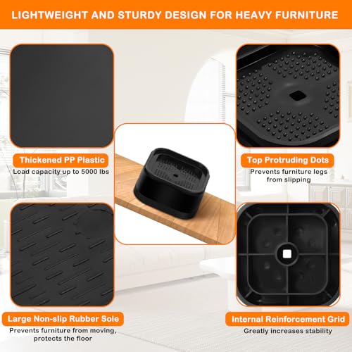 Heavy Duty Adjustable Furniture Risers - 8 Pack Stackable Bed Lifts (Black)