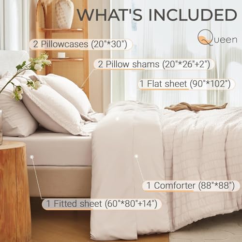 7-Piece Queen Seersucker Comforter Set - All-Season Bed in a Bag, Beige