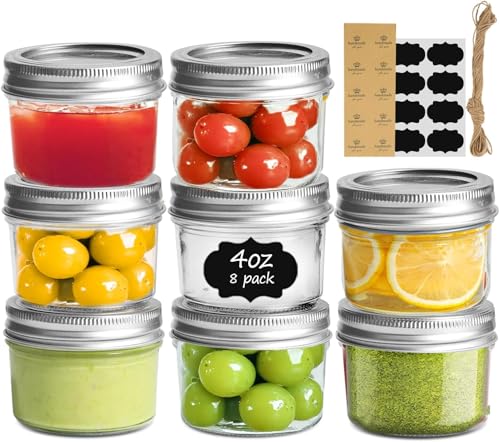 4 oz Mini Mason Jars with Lids - 8 Pack Small Glass Jars with Labels & Twine