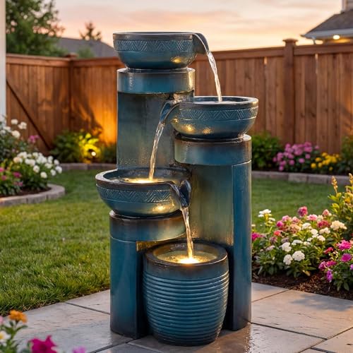 4-Tier Outdoor Water Fountain with LED Lights, 19.3-Inch Faux Ceramic Finish