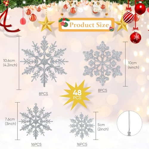 Eokeanon 48-pc Glitter Snowflake Ornaments Set - 2 Styles, 3 Sizes, Silver, Includes 36pcs Size Varies (36pcs Silver variant) Christmas Decorations