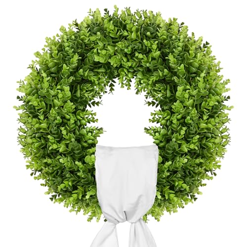 20-Inch Artificial Boxwood Wreath with Plaid Bow for Front Door Decor