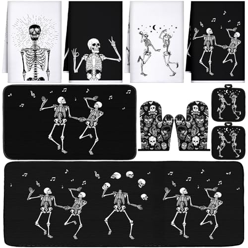10-Piece Gothic Skeleton Kitchen Set: Dish Towels, Rugs, Mitts & Pot Holders