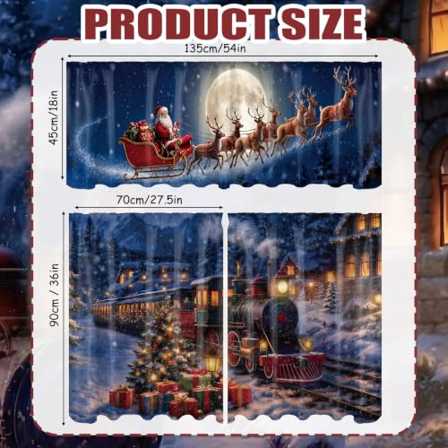 Breling Night View Christmas Kitchen Curtains Set – Santa Sleigh Reindeer Snowy Night Valance & 2 Tier Panels