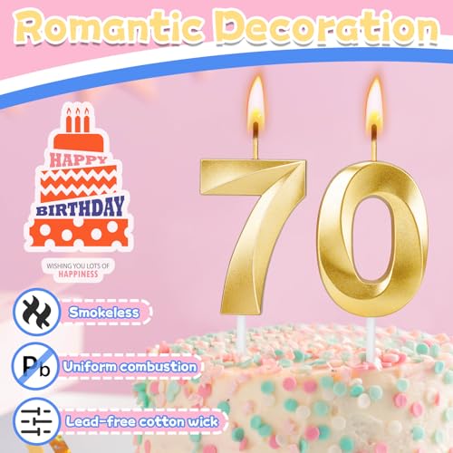 Gold Number 70 Birthday Candles - Cake Topper for 70th Parties