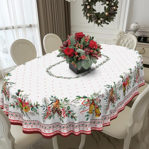 Christmas Holly Oval Tablecloth 72x54 Inches Red Holiday Decor Washable