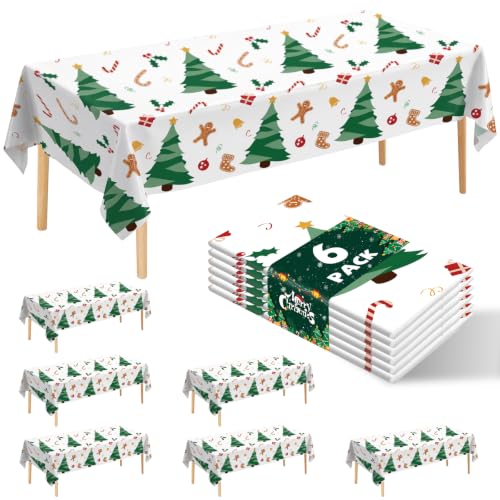 JHDZDHY 6 Pack Christmas Tree Tablecloths 54 x 108 in Disposable Plastic Table Covers