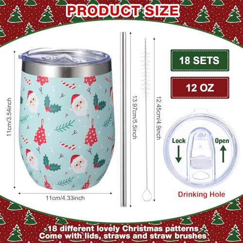Sliner Classic Christmas 12oz Stainless Steel Wine Tumblers 18 Pcs with Lids & Straws