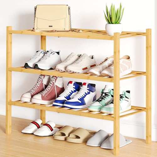 3-Tier Bamboo Shoe Rack - Stackable Wooden Shoe Organizer, 27-Inch Wide