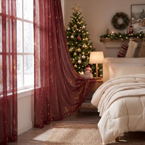 Horaldaily Burgundy & Gold Christmas Sheer Curtains 52x84in Set of 2