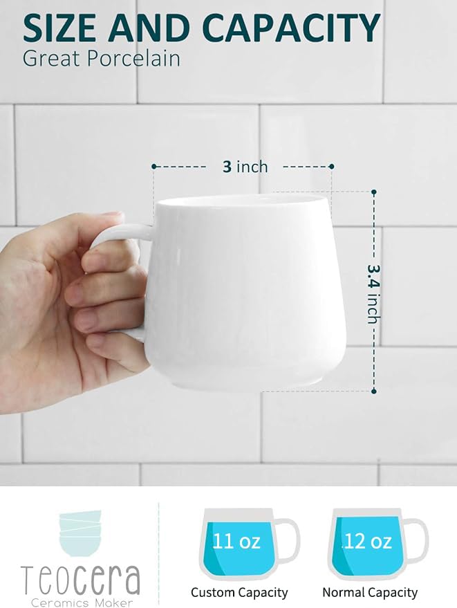 Teocera White Ceramic Coffee Mugs Set of 4, 12oz - Microwave & Dishwasher Safe