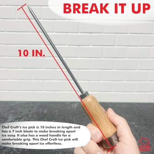 Chef Craft Wooden Handle Ice Pick - 10 Inch Steel Blade for Freezer & Bar