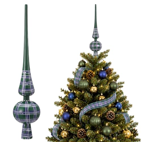 12'' Green Tartan Christmas Tree Topper Double Gourd Finial Ornament - Hand-Painted