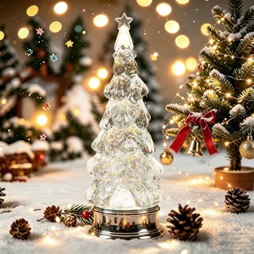 12.6" Lighted Rotating Christmas Tree with Glitter Swirl & Star Topper
