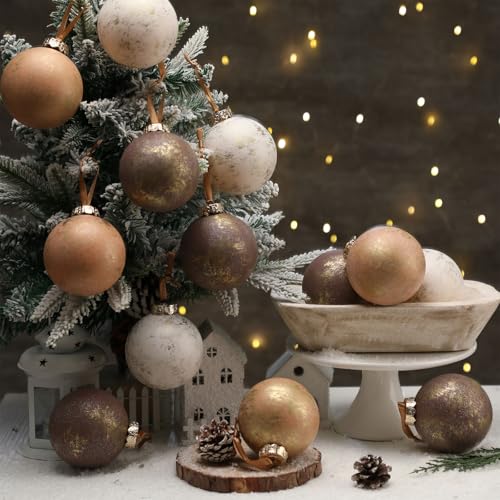 12 Pcs 3.15 Inch Neutral Textured Christmas Ball Ornaments, Brown