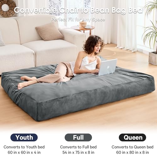 Convertible Bean Bag Chair for Adults, Memory Foam Floor Sofa Bed, Charcoal