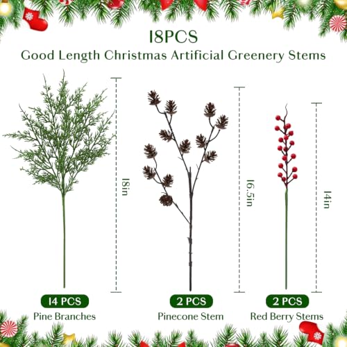 18Pcs Cedar Pine Stems with Berries & Pinecones – Norfolk Pine Christmas Picks (14 stems, 2 berries, 2 cones) by Dolicer