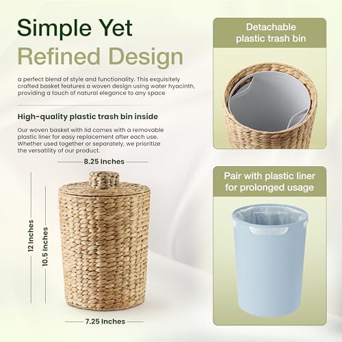 Handwoven Water Hyacinth Bathroom Garbage Can with Lid, 2 Gallon Wicker Bin