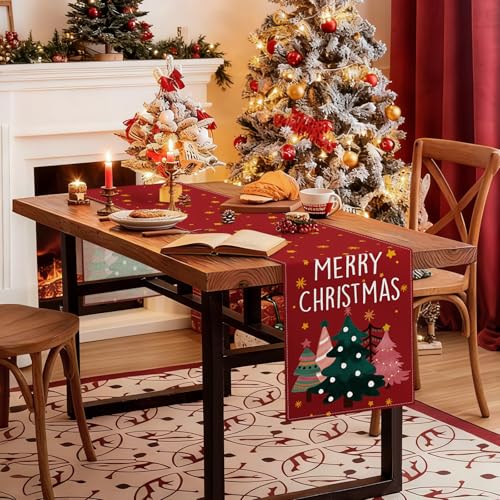 OTOSTAR Christmas Tree Red Table Runner 13x90 Inch Holiday Decor for Home & Parties