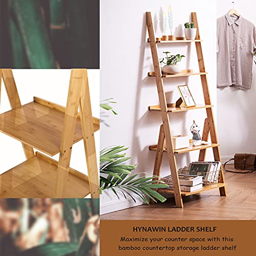 5-Tier Corner Ladder Shelf, Industrial Bamboo Storage Bookcase