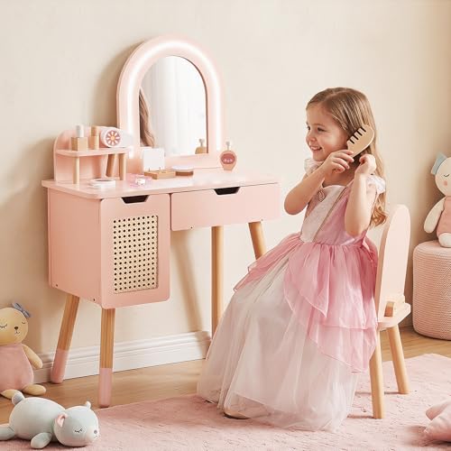 Kids Vanity Set with Lighted Mirror, Pink Toddler Makeup Table and Chair