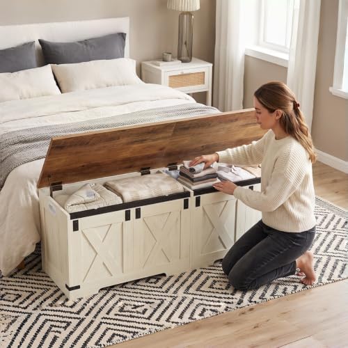 Hzuaneri 59-Inch Farmhouse Storage Chest and Bench, White & Brown, 70 Gal, 330lb Capacity