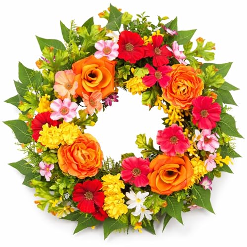 20-Inch Artificial Spring Floral Wreath with Orange Rose-Style Blooms