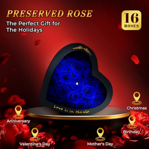 Heart Shaped Preserved Rose Gift Box - 16 Real Long-Lasting Blue Roses