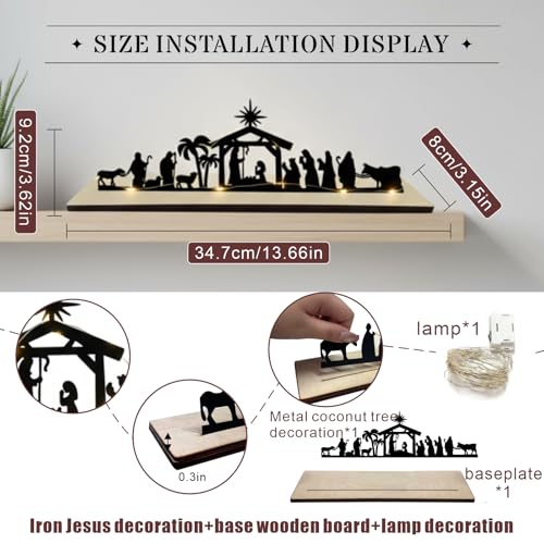 Black Metal Nativity Scene Silhouette Centerpiece with Wooden Base