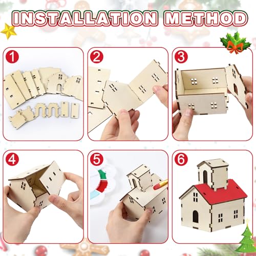 Hiboom 24 Pcs DIY Christmas Village Sets – Church/12Pcs 4 Styles Wood Rustic Mini Houses