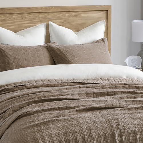 EverGrace Stonewashed Cotton Quilt Set, King, Mocha Brown Oversized Coverlet
