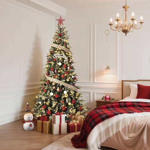 Garvee 6.5 FT Pre-Lit Pencil Christmas Tree - Classic Green, Warm White Lights, Auto-Hinged, Foldable Metal Stand