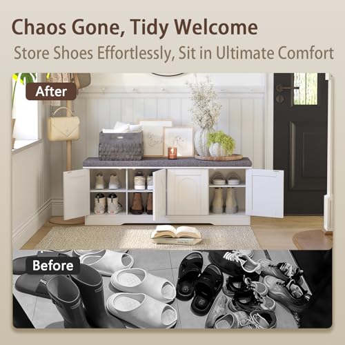 47-inch Shoe Storage Bench with Cushion and Door, White Entryway Cabinet
