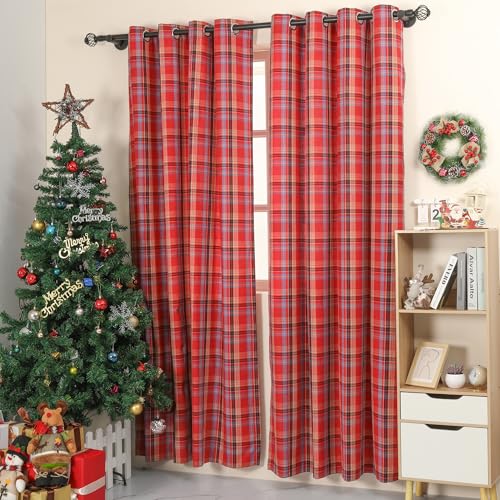 Red Check Plaid Farmhouse Curtains 2 Panels 52x84 Inches Scottish Tartan Light Filtering Drapes