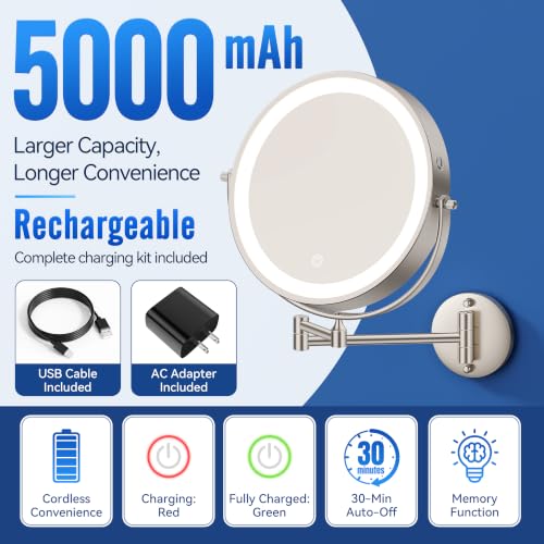 Auxmir 9″ 5000mAh 1X/30X Wall Mounted Lighted Magnifying Makeup Mirror