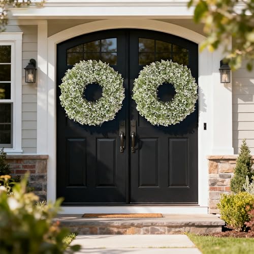 26-Inch Artificial Boxwood Wreath for Front Door, UV-Resistant Faux Greenery