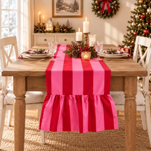 JarThenaAMCS Ruffled Table Runner Red Pink Stripes 13x118 Inch - Home Decor