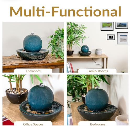 Ceramic Tabletop Water Fountain with Orb - Teal Glazed Indoor Decor