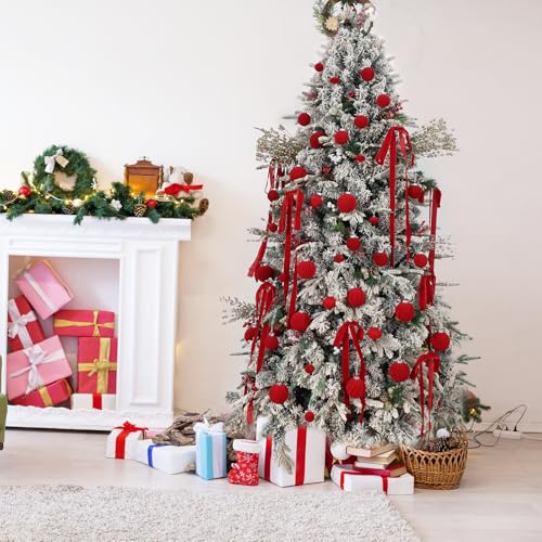 Wironlst 16ct Velvet Christmas Ornaments Set - 3.15" Flocked Matte Red Shatterproof Balls