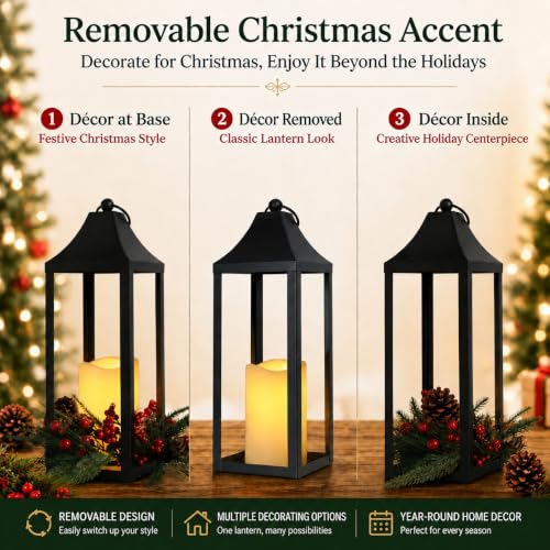 Bdor Black Metal Christmas Lantern with Flameless LED Candle – Variation Christmas D