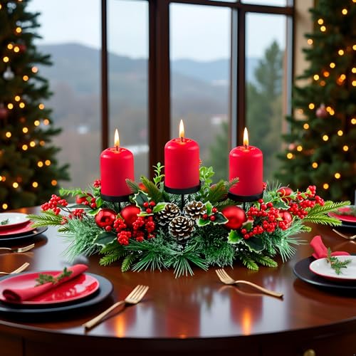 28" Christmas Triple Candelabrum Centerpiece with Berries & Pine Cones