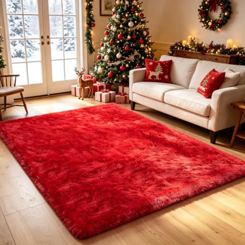 Red 4x6ft Ultra Soft Fluffy Shag Area Rug for Bedroom – Non-Slip Velvet Backing
