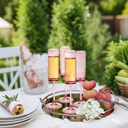 Pink Champagne Flutes Set of 6 - 6 OZ Hand Blown Crystal Wine Glasses for Wedding & Celebrations (Variation: Pink / 6 PCS)