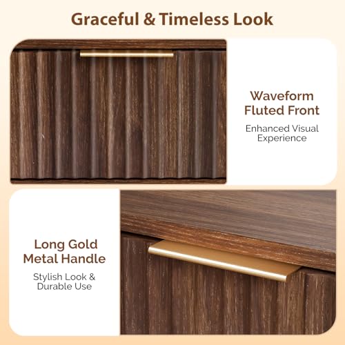 Fluted Nightstand Set of 2, Mid-Century Modern Wood Bedside Tables, Walnut