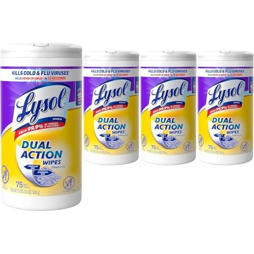 Lysol Dual Action Disinfectant Wipes, Multi-Surface Antibacterial Scrubbing Wipes, Dorm Room Essentials, Citrus Scent, 75ct (Pack of 4), Packaging May Vary