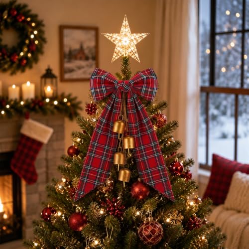 18 Inch Christmas Bow with Cow Bells and Tartan Plaid for Tree Decor